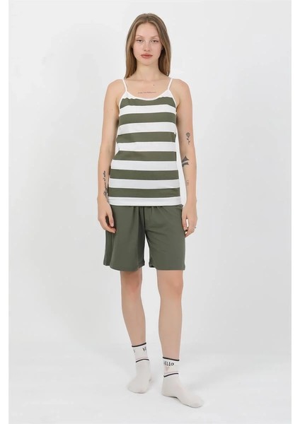 Kadın Ip Askılı Pamuk Penye Şortlu Takım Haki fırsatları