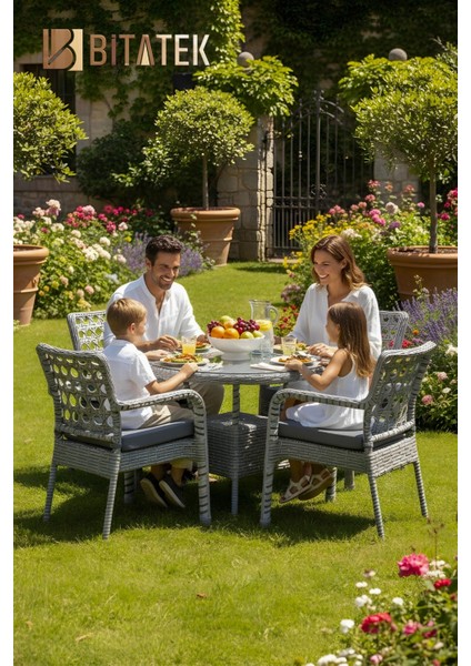 Alaçatı 4 Kişilik Rattan Bahçe Balkon Mutfak Masa Takımı Açık Gri