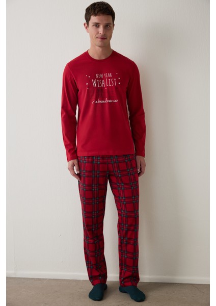 Kırmızı Erkek Kareli Bisiklet Yaka Oversize Pijama Takımı