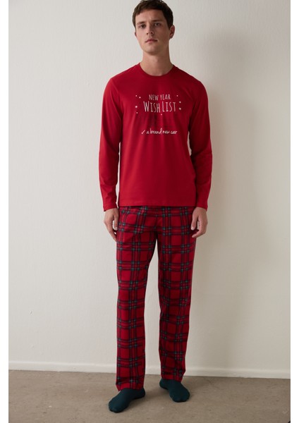 Kırmızı Erkek Kareli Bisiklet Yaka Oversize Pijama Takımı fiyatları