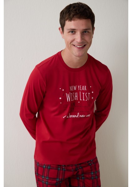 Kırmızı Erkek Kareli Bisiklet Yaka Oversize Pijama Takımı modelleri