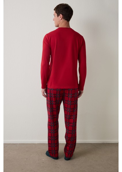 Kırmızı Erkek Kareli Bisiklet Yaka Oversize Pijama Takımı