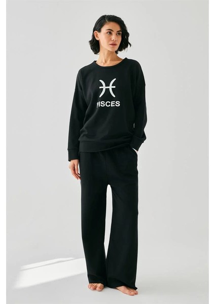 Kadın Siyah Balık Burcu Oversize 2 Iplik Eşofman Ev Giyim Takımı