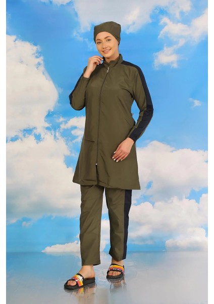 Kadın Pantolonlu Kolu Şeritli Tam Tesettür Mayo Haki fırsatları