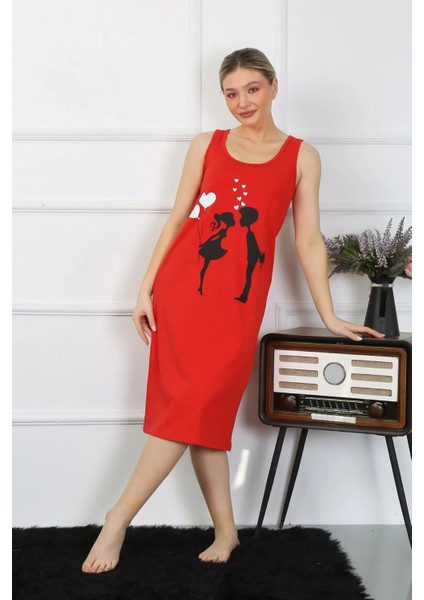 Kadın Kalın Askılı Penye Uzun Kırmızı Gecelik