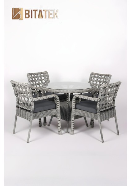 Alaçatı 4 Kişilik Rattan Bahçe Balkon Mutfak Masa Takımı Açık Gri fiyatları