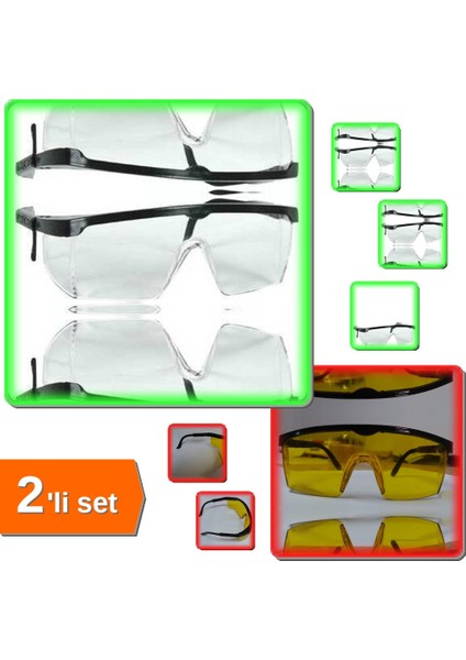 Korumalı Laboratuvar Gözlüğü Şeffaf + Korumalı Laboratuvar Gözlüğü Sarı - 2li Set E3Y5X4