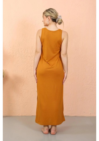 Kadın Kalın Askılı Yırtmaçlı Uzun Hardal Gecelik indirimleri