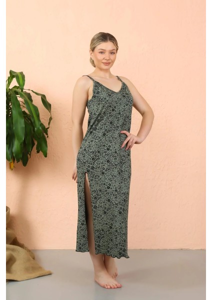 Kadın Ip Askılı Yırtmaçlı Uzun Haki Gecelik indirimleri