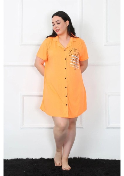 Büyük Beden Penye Düğmeli Turuncu Tunik Gecelik