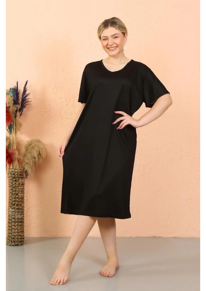 Kadın Kısa Kol Diz Altı Over Size Siyah Ev Elbisesi - Geceliği
