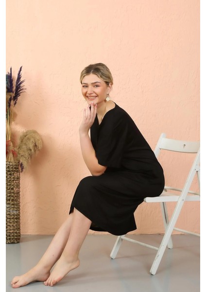 Kadın Kısa Kol Diz Altı Over Size Siyah Ev Elbisesi - Geceliği indirimleri