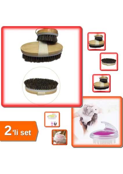 Doğal At Kılı Fırça Masaj Selülit Fırçası + Ince Uçlu Şampuan Hazneli Silikon Duş Fırçası - 2li Set
