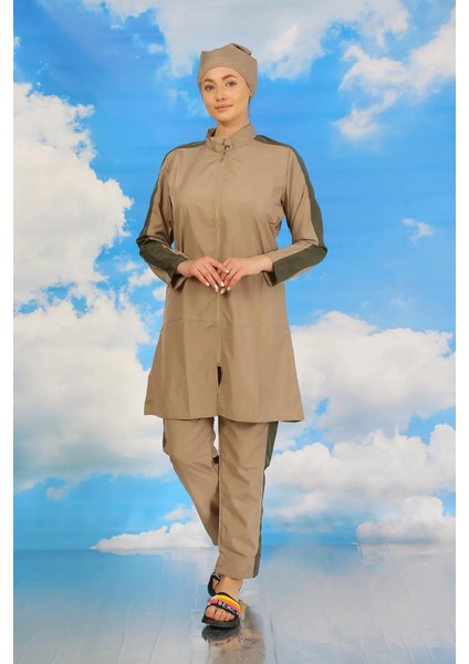 Kadın Pantolonlu Kolu Şeritli Tam Tesettür Mayo Bej indirimleri