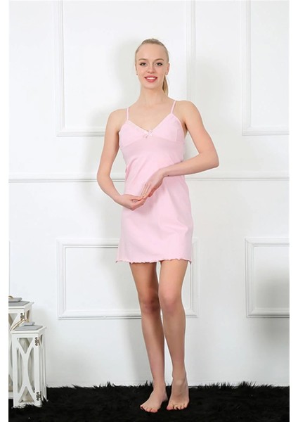 Kadın Ip Askılı Pembe Penye Gecelik