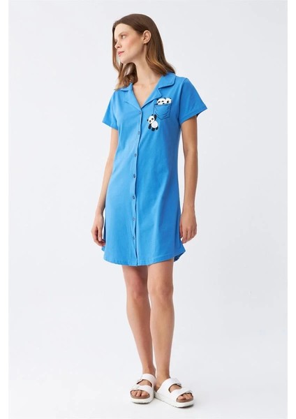 Kadın Pamuk Penye Kısa Kol Düğmeli Mavi Tunik Gecelik
