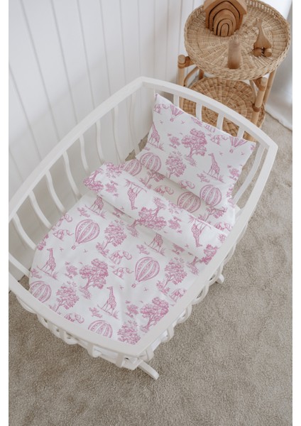 %100 Pamuklu Poplin Anne Yanı Beşik Nevresim Seti - Pink Balloon Safari