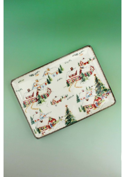 Retro Snowy Village Porselen Tepsi