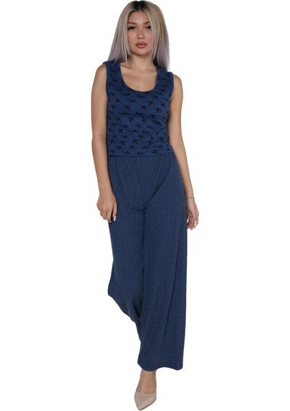 Kadın Kalın Askılı Body Bol Paça Pantolon 2`li Takım Lacivert fiyatları