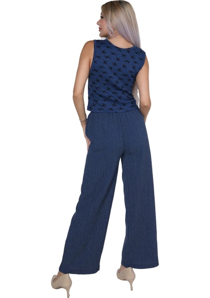 Kadın Kalın Askılı Body Bol Paça Pantolon 2`li Takım Lacivert fırsatları