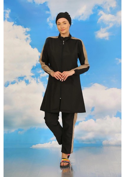 Kadın Pantolonlu Kolu Şeritli Tam Tesettür Mayo Siyah modelleri