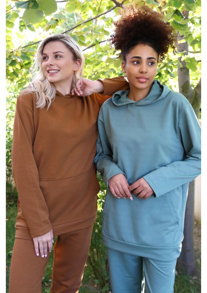 Kadın Pamuk Kapşonlu Cepli 3 Iplik Kahve Eşofman Takım indirimleri