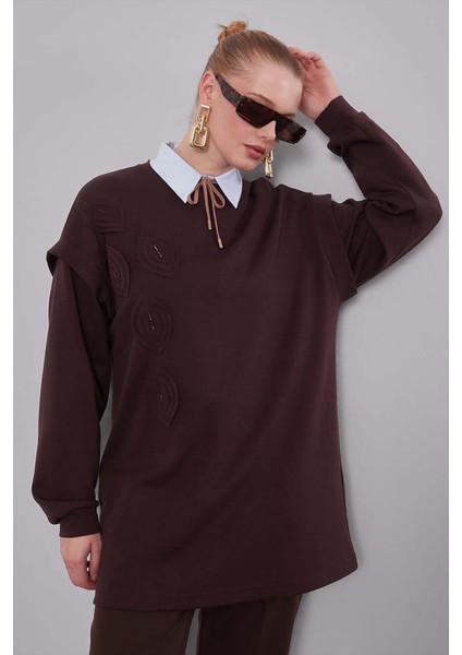 Kahve Omuz Manşet Detaylı Sweat