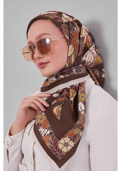 Krem Çiçek Yaprak Desen Aura Eşarp