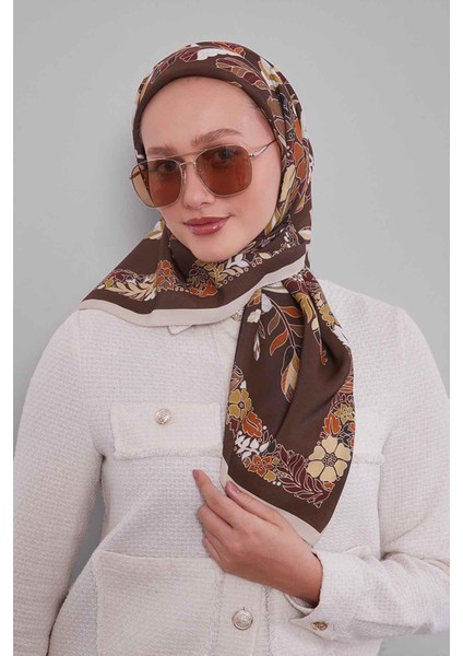 Krem Çiçek Yaprak Desen Aura Eşarp modelleri