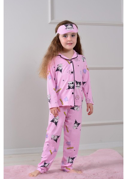 Kız Çocuk Kuromi Desenli Pembe Renki Uyku Bantlı Pijama Takımı