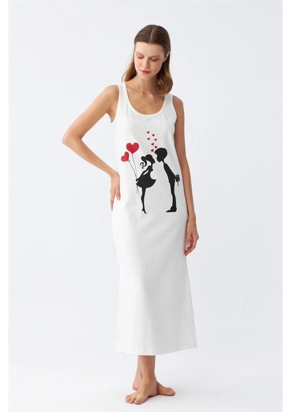 Kadın Kalın Askılı Penye Uzun Ekru Gecelik fiyatları