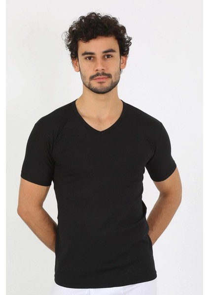 Erkek Likralı V Yaka Siyah T-Shirt