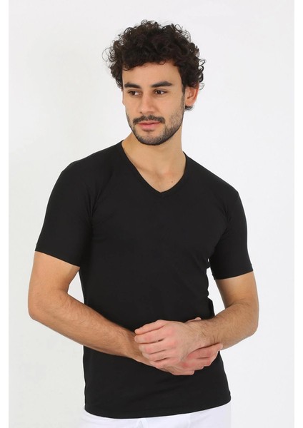 Erkek Likralı V Yaka Siyah T-Shirt fiyatları