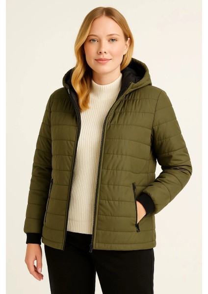 Kadın Şişme Kapüşonlu Fermuarlı Mont Su Itici Kapitone Astarlı Kumaş Cepli Kışlık Rahat Kalıp - Haki