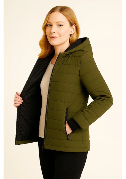 Kadın Şişme Kapüşonlu Fermuarlı Mont Su Itici Kapitone Astarlı Kumaş Cepli Kışlık Rahat Kalıp - Haki fiyatları