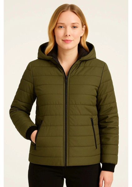 Kadın Şişme Kapüşonlu Fermuarlı Mont Su Itici Kapitone Astarlı Kumaş Cepli Kışlık Rahat Kalıp - Haki modelleri