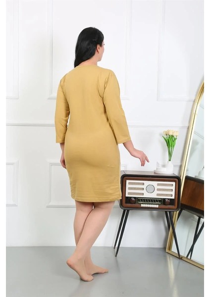 Kadın Büyük Beden Penye Gecelik Ev Elbisesi Hardal fırsatları