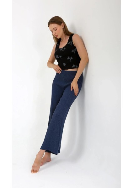 Kadın Kalın Askılı Body Bol Paça Pantolon 2`li Takım Siyah modelleri