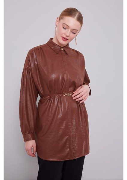 Acı Kahve Omuz Büzgü Detaylı Gömlek