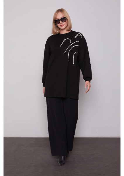 Siyah Inci Detaylı Sweatshirt