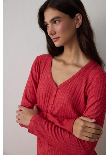 Kırmızı Cozy Time Ekoseli V Yaka Pijama Takımı modelleri