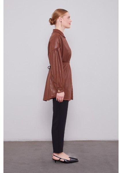 Acı Kahve Omuz Büzgü Detaylı Gömlek modelleri