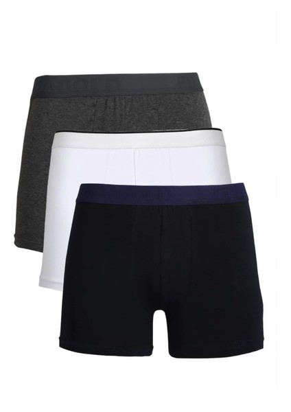 Erkek Penye 3'lü Boxer Füme-Beyaz-Lacivert
