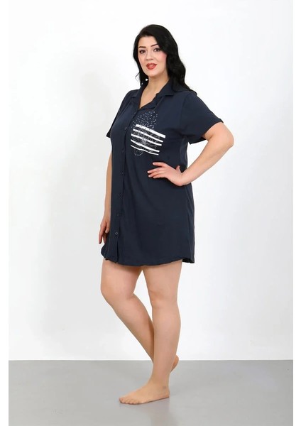 Büyük Beden Penye Düğmeli Lacivert Tunik Gecelik modelleri
