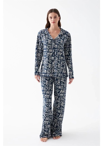 Kadın Lacivert “paris” Yazı Desenli Düğmeli Pamuklu Pijama Takımı