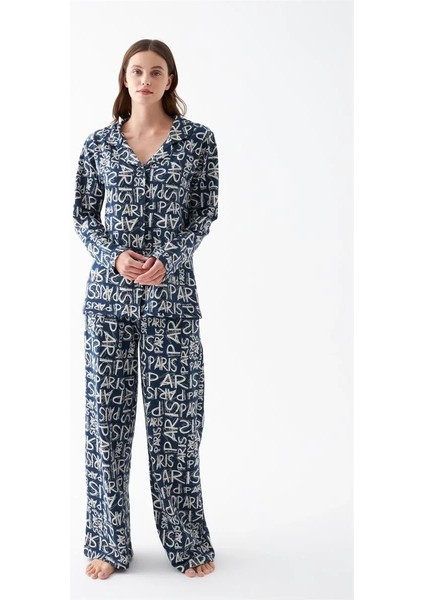 Kadın Lacivert “paris” Yazı Desenli Düğmeli Pamuklu Pijama Takımı fiyatları