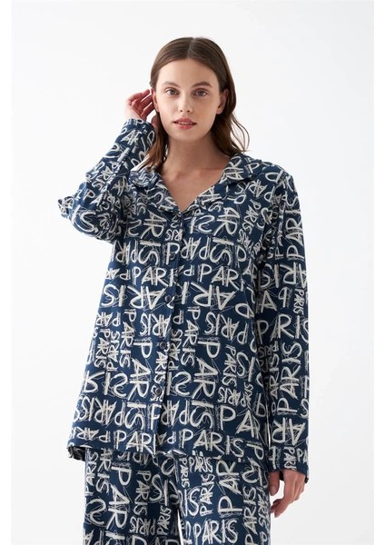 Kadın Lacivert “paris” Yazı Desenli Düğmeli Pamuklu Pijama Takımı modelleri