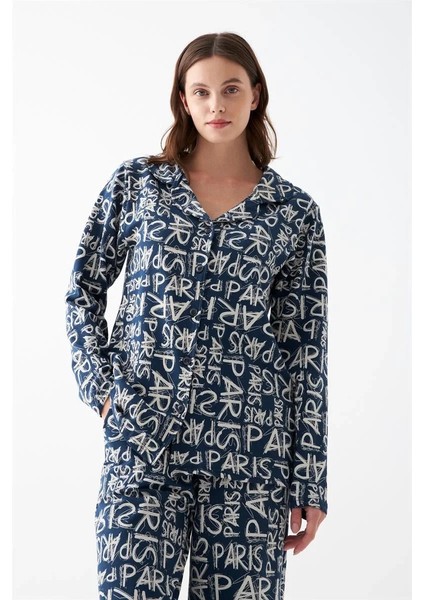 Kadın Lacivert “paris” Yazı Desenli Düğmeli Pamuklu Pijama Takımı fırsatları