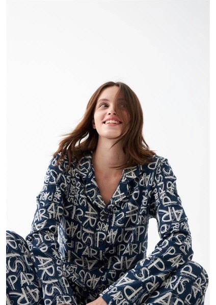Kadın Lacivert “paris” Yazı Desenli Düğmeli Pamuklu Pijama Takımı indirimleri