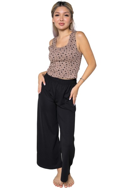 Kadın Kalın Askılı Body Bol Paça Pantolon 2`li Takım Kahve fiyatları